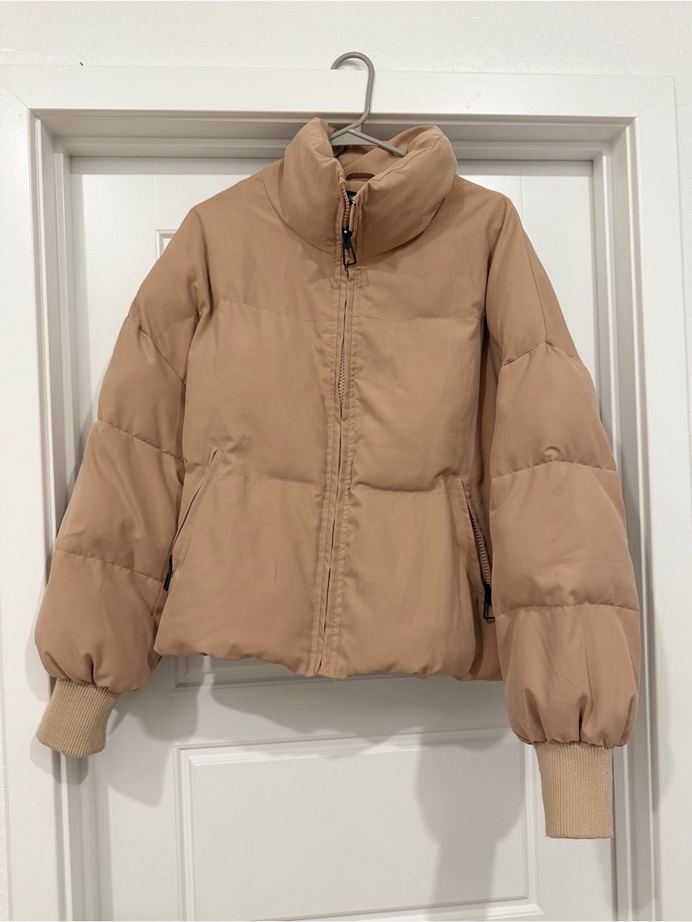 Women’s Beige Puff Jacket with High Collar